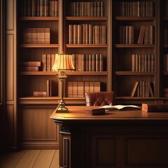 Cozy Vintage Study Room with Bookshelves and Desk Lamp