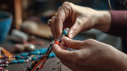 Obraz premium A close-up of hands skillfully crafting colorful beaded jewelry on a wooden table, showcasing creativity and craftsmanship.