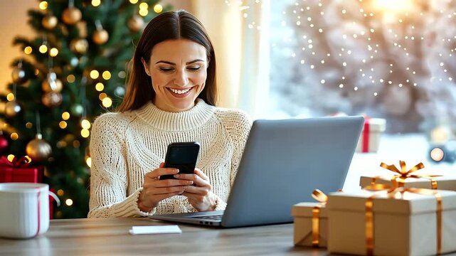 Joyful Woman Donating Online at Wooden Desk