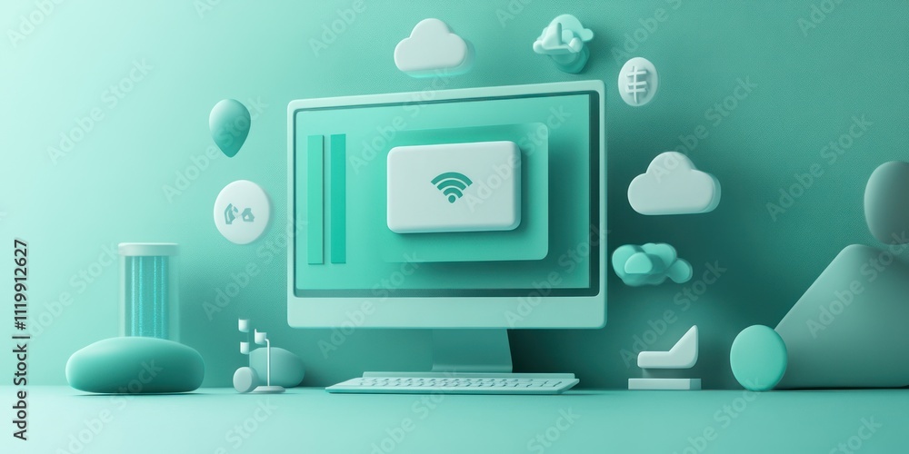 Leinwandbilder A minimalist digital workspace featuring a computer and various tech-related icons.