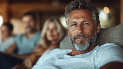 Obraz premium A relaxed man with a slight smile sits in a comfortable setting, basking in warm light, capturing a mood of contentment and casual enjoyment.