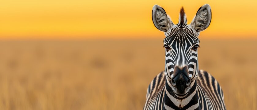 A close-up of a zebra against a golden sunset, showcasing its striking black-and-white stripes and expressive eyes.