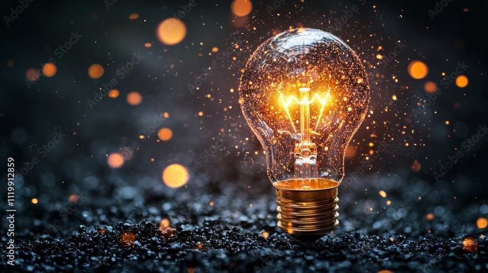 Poster illuminated light bulb with sparkling bokeh on a dark surface