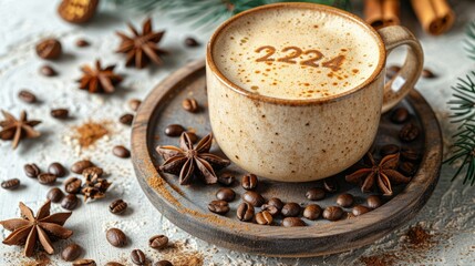 A beige mug of coffee with 2224 etched in the foam, surrounded by coffee beans, star anise, and cinnamon sticks.