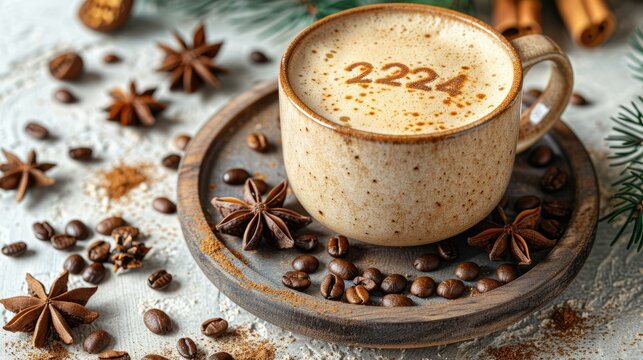 A beige mug of coffee with 2224 etched in the foam, surrounded by coffee beans, star anise, and cinnamon sticks. - Powered by Adobe