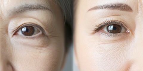 変革と再生のコンセプト：目の若返りの前後の分割画面