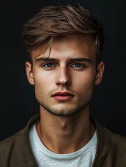 Fototapeta premium portrait of a young guy with a stylish hairstyle on a dark background, for advertising a barbershop