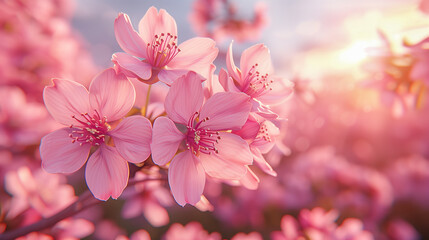 Fototapeta premium Pink Cherry Blossoms Glowing in Warm Sunset Light..