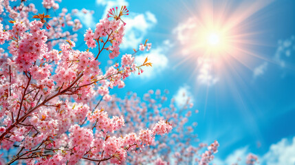 Cherry Blossoms in Full Bloom Under Bright Sunshine..