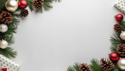 Festive Christmas background with ornaments, pinecones, and gifts. Perfect for holiday celebrations and seasonal greetings