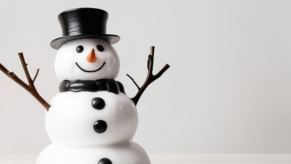 Fototapeta premium cheerful snowman with black hat and scarf, with white background, sense of winter joy and holiday spirit