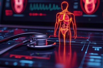 A digital representation of a human body is displayed on a medical interface alongside a stethoscope, illustrating advanced healthcare technology.