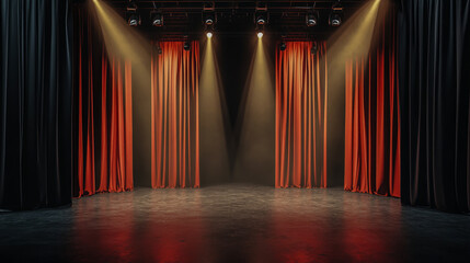 A clean, minimal 3D theater stage with elegant spotlights shining down on the empty floor
