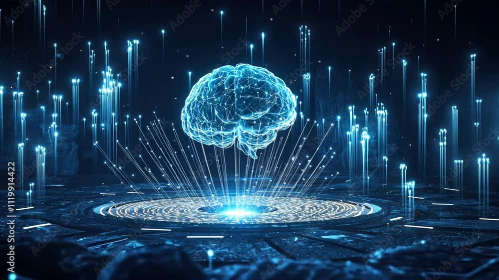 Poster glowing blue brain surrounded by digital light rays and particles futuristic scene symbolizing techn