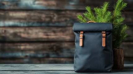 This compact black backpack with dual buckles sits stylishly against greenery, combining function and simplicity, perfect for urban adventures and daily use.
