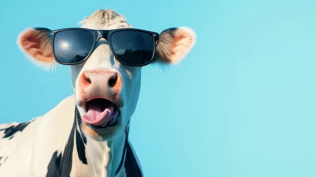 Quirky cow wearing sunglasses sticking out tongue on blue background with copy space.