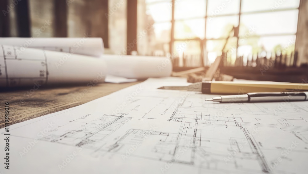 Poster architectural blueprints and tools on a workspace, indicating design and planning activities.