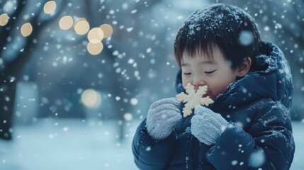 雪景色の中で雪の結晶を持つ青いコートを着た子供を描いた静かな冬の風景