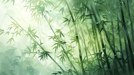 Serene watercolor illustration of a lush bamboo grove with soft sunlight filtering through green leaves. Concept of nature, tranquility, Asian landscape, peaceful greenery