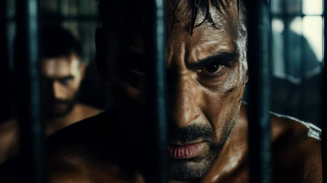 A man with a fierce expression stands behind prison bars, illuminated by dramatic lighting in a dark cell setting.