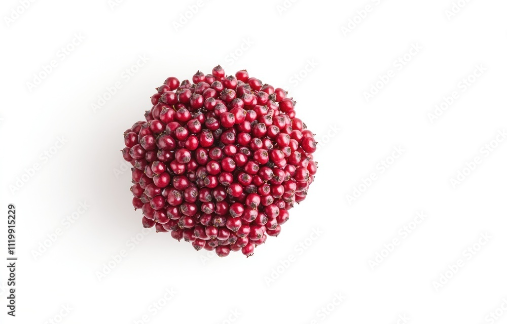 Poster a cluster of small red berries arranged in a spherical shape against a white background.