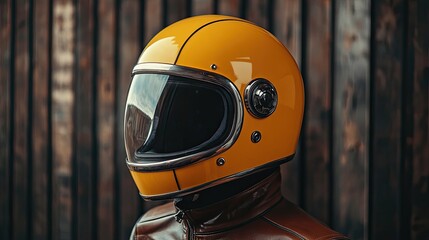 Yellow motorcycle helmet with visor, profile view against wooden background.