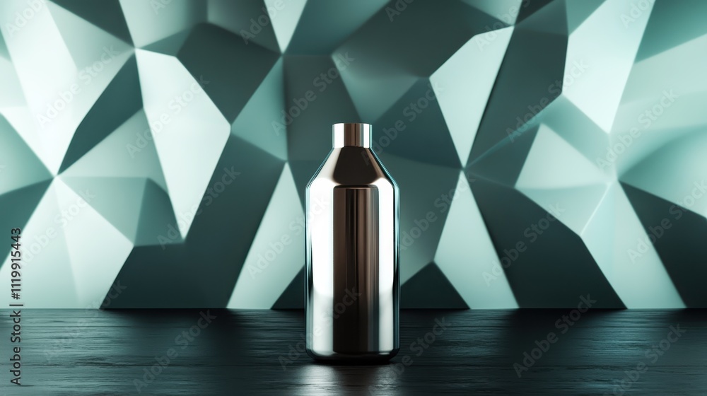Poster a reflective metal bottle is positioned against an abstract geometric background, emphasizing a cutt