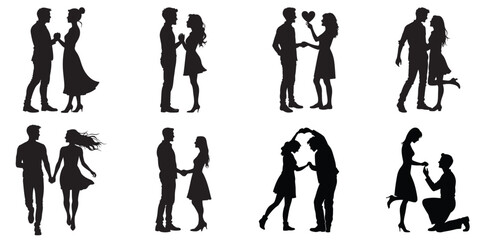 Black Silhouettes of Romantic Couples in Various Poses on White Backgrounds