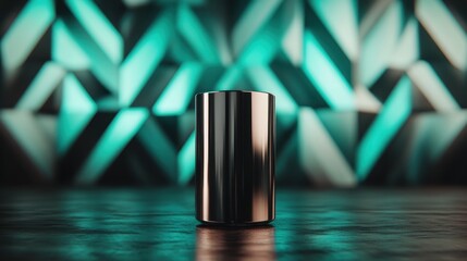 A sleek, reflective cylinder stands prominently against a striking geometric background featuring abstract teal and black patterns, conveying a modern aesthetic.