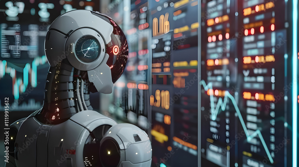 Aufkleber ai robot analyzing financial data on large screens.