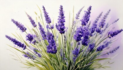 Naklejka premium Delicate watercolor lavender stems arranged in a minimalist bouquet.
