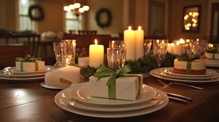 Festive Christmas table setting with candles, gifts, and dessert. (1)