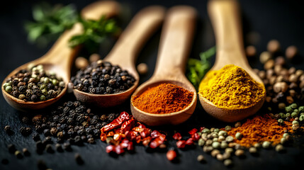 there is an assortment of colorful spices arranged on wooden spoons against a dark background