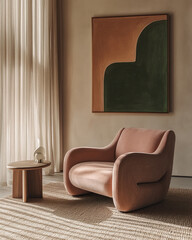 Minimalist, japandi interior design of modern stylish living room. Accent pink armchair against window.
