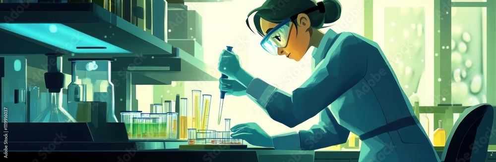 Poster a scientist in a lab conducting experiments with test tubes and pipettes.
