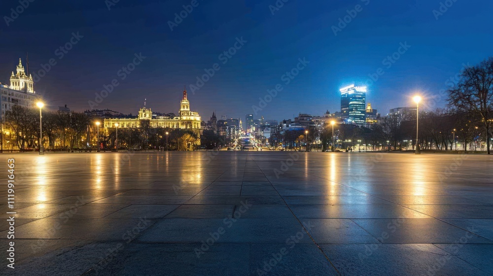 Aufkleber a serene night view of a cityscape with illuminated buildings and reflections on the pavement.