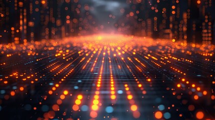 Fototapeta premium Abstract digital landscape with glowing lines and particles converging towards a bright horizon.