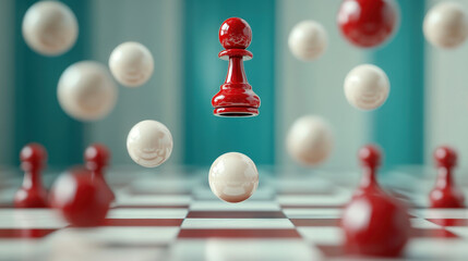 Gaining advantage, A red pawn hovers above a chessboard, surrounded by floating white spheres, creating a surreal and dynamic chess scene.