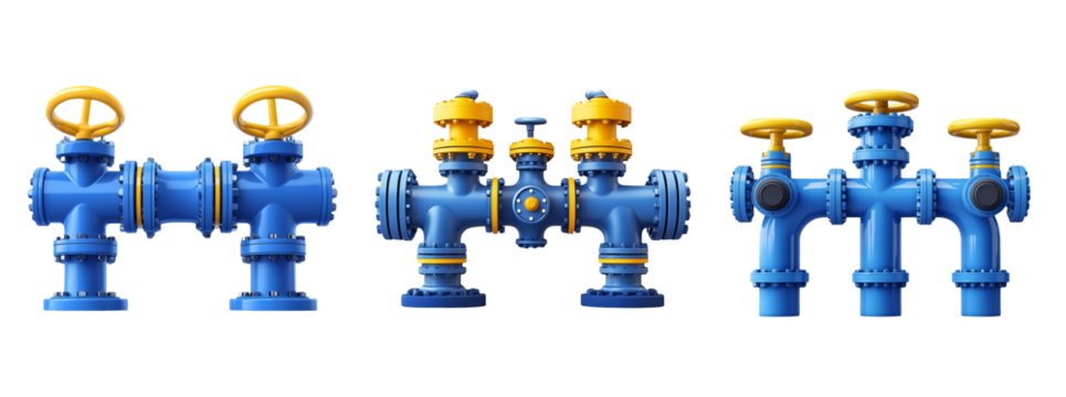 Colorful Industrial Pipe System with Valves and Connectors