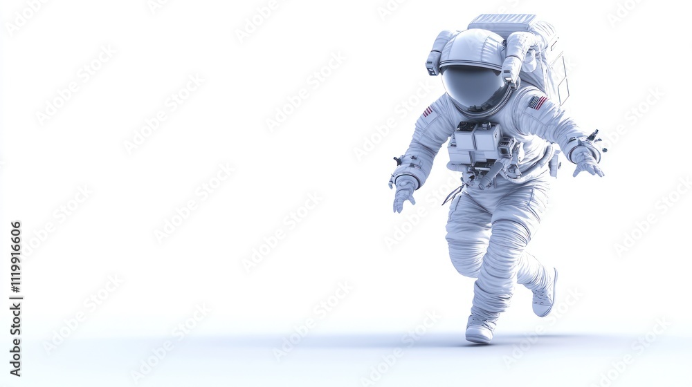 Poster an astronaut in a spacesuit appears to be running in a bright, minimalistic environment.