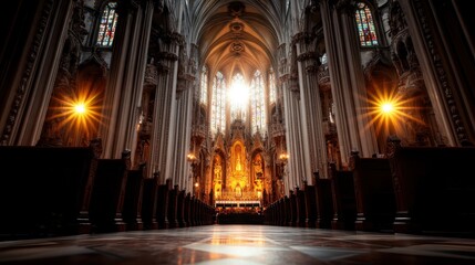 Fototapeta premium A breathtaking view of a majestic cathedral interior with grand architecture and stunning stained glass, illuminated by the warm glow of sunlight streaming through.