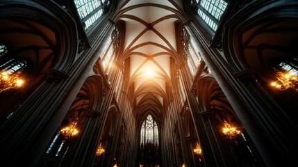 Obraz premium Stunning view of a Gothic cathedral interior, capturing the soaring arches and intricate details lit by a warm, ethereal glow from the stained glass windows.