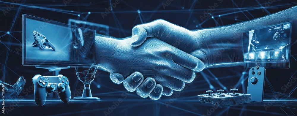 Poster a digital handshake symbolizes collaboration in gaming and technology.
