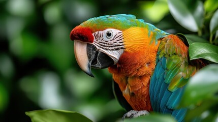 A beautifully colored parrot displays its vivid plumage in a vibrant setting. The striking colors of orange, red, and blue contrast against green leaves.