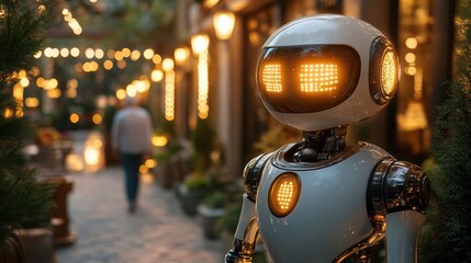 Fototapeta premium Ai caregiver robot in warm homely setting with elderly figure