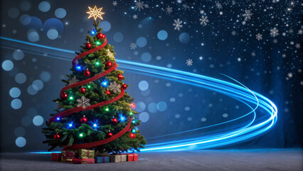 Fototapeta premium A beautifully decorated Christmas tree stands adorned with colorful lights and ornaments, topped with a glowing star. Elegant light trails and snowflakes float in a dreamy, festive background.AI gener