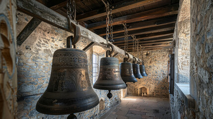 Fototapeta premium Row of Large Church Bells Hanging Indoors in Rustic Setting. Concept of Religious Instrument, Historic Architecture, Decorative Metalwork, Campanology