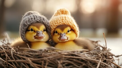 Two cute ducklings snuggle together in a nest, each wearing warm knitted hats. The soft, cozy setting creates a heartwarming and charming image of nature's innocence.