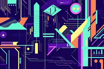 vibrant vector graphic of futuristic city skyline with bold geometric shapes and neon accents