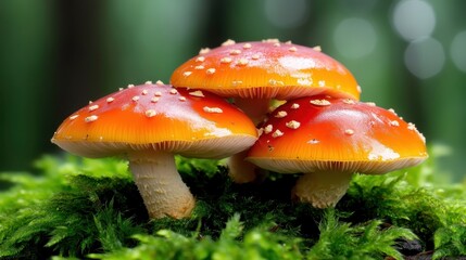 Obraz premium A cluster of three bright red mushrooms, adorned with striking white spots, rests on a lush bed of green moss in a forest setting, highlighting nature's colorful diversity.